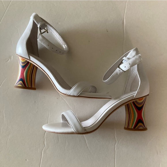 Jeffery Campbell Free People One Strap White Wooden Patterned Heels Sz 6.5 - Picture 1 of 7
